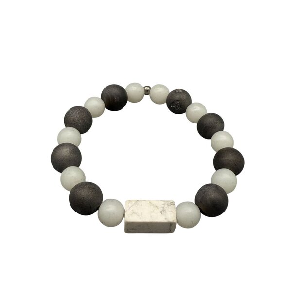Matte Black & White Beaded Stretch Bracelet Rectangular Stone Modernlook - Picture 2 of 5